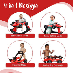 Andadera de bebé 4 en 1, Caminante con ajuse de altura, ruedas suaves con velocidad ajustable, asiento acolchado, música y luz, caminante plegable para bebés niños y niñas a partir de 6 meses ROJO