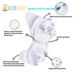 SAO-H441A Pañal AIO NOCTURNO Alvababy para bebé recién nacido de 3-6kg,, lavable, reutilizable, forro de carbón de bambú, PUL impermeable exterior