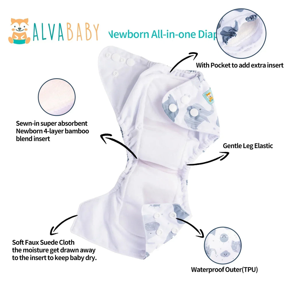 SAO-H022A Pañal AIO NOCTURNO Alvababy para bebé recién nacido de 3-6kg,, lavable, reutilizable, forro de carbón de bambú, PUL impermeable exterior