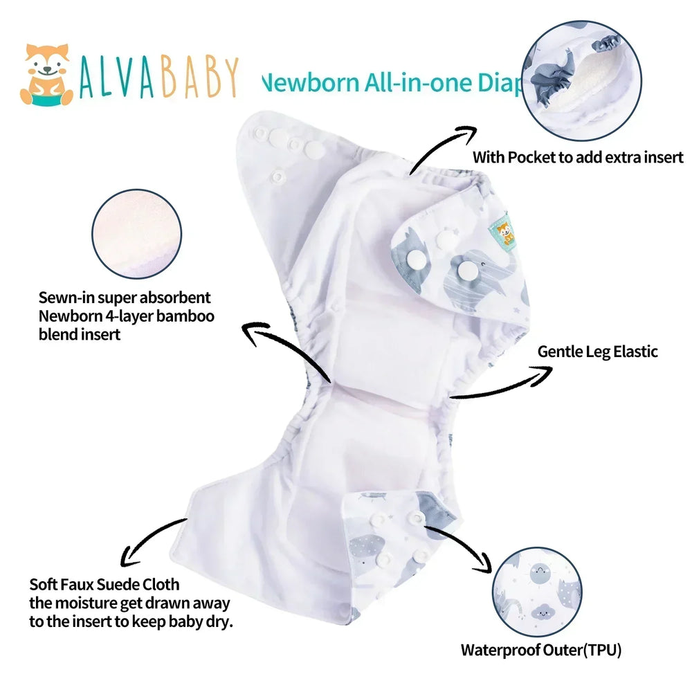 SAO-YX35A Pañal AIO NOCTURNO Alvababy para bebé recién nacido de 3-6kg,, lavable, reutilizable, forro de carbón de bambú, PUL impermeable exterior