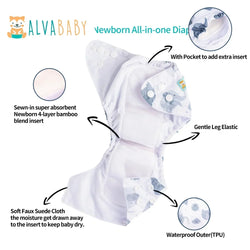 SAO-H433A Pañal AIO NOCTURNO Alvababy para bebé recién nacido de 3-6kg,, lavable, reutilizable, forro de carbón de bambú, PUL impermeable exterior